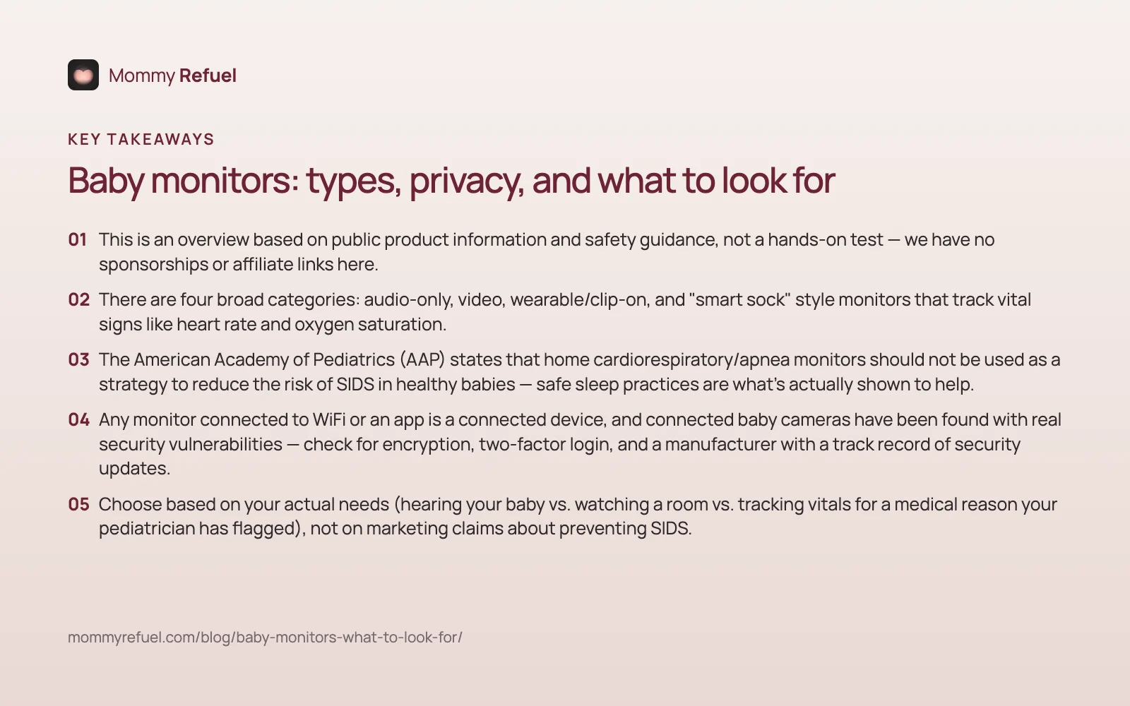 Key takeaways from “Baby monitors: types, privacy, and what to look for” — summary card