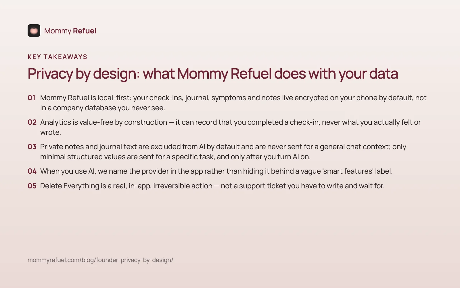 Key takeaways from “Privacy by design: what Mommy Refuel does with your data” — summary card