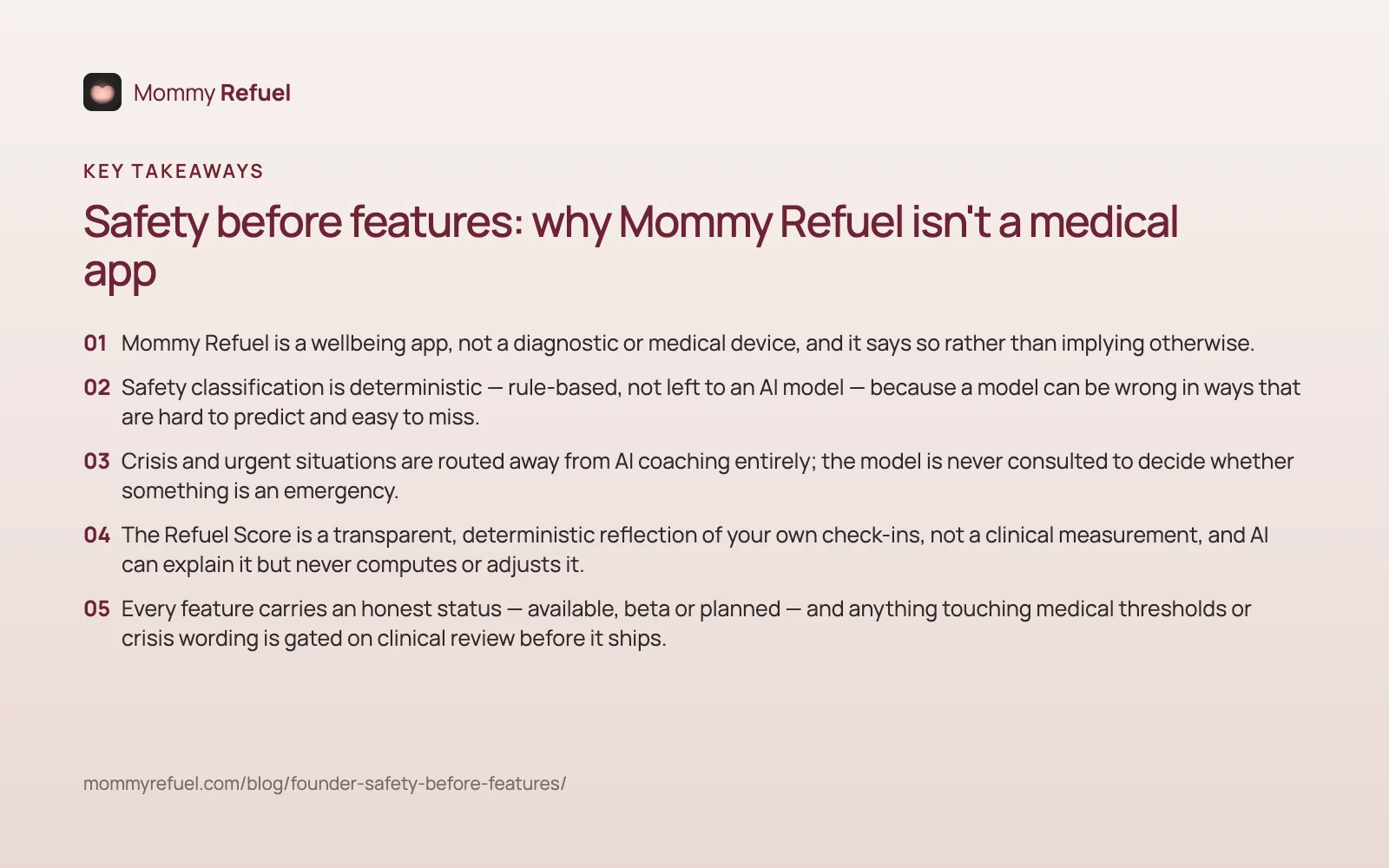 Key takeaways from “Safety before features: why Mommy Refuel isn't a medical app” — summary card