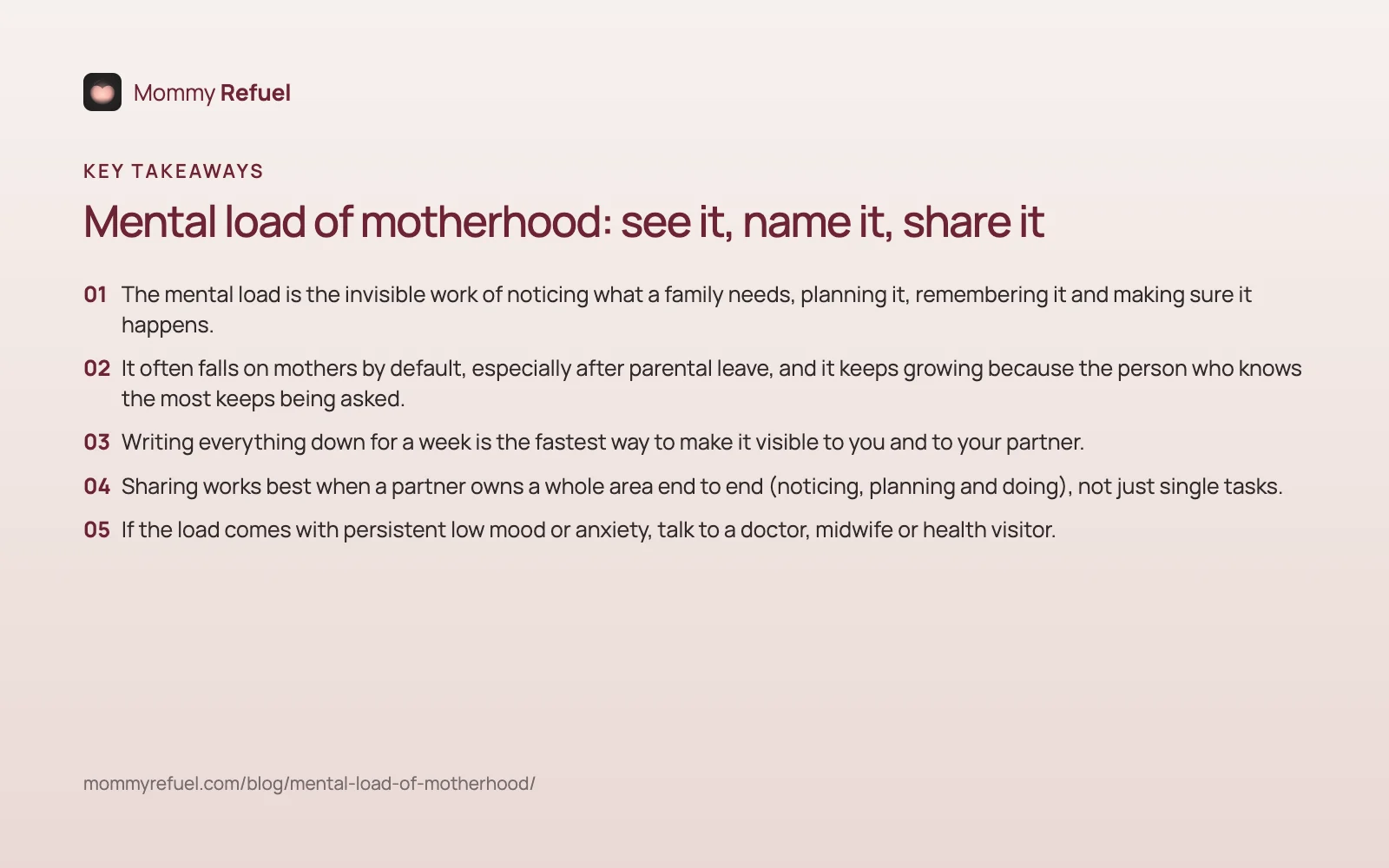Key takeaways from “Mental load of motherhood: see it, name it, share it” — summary card