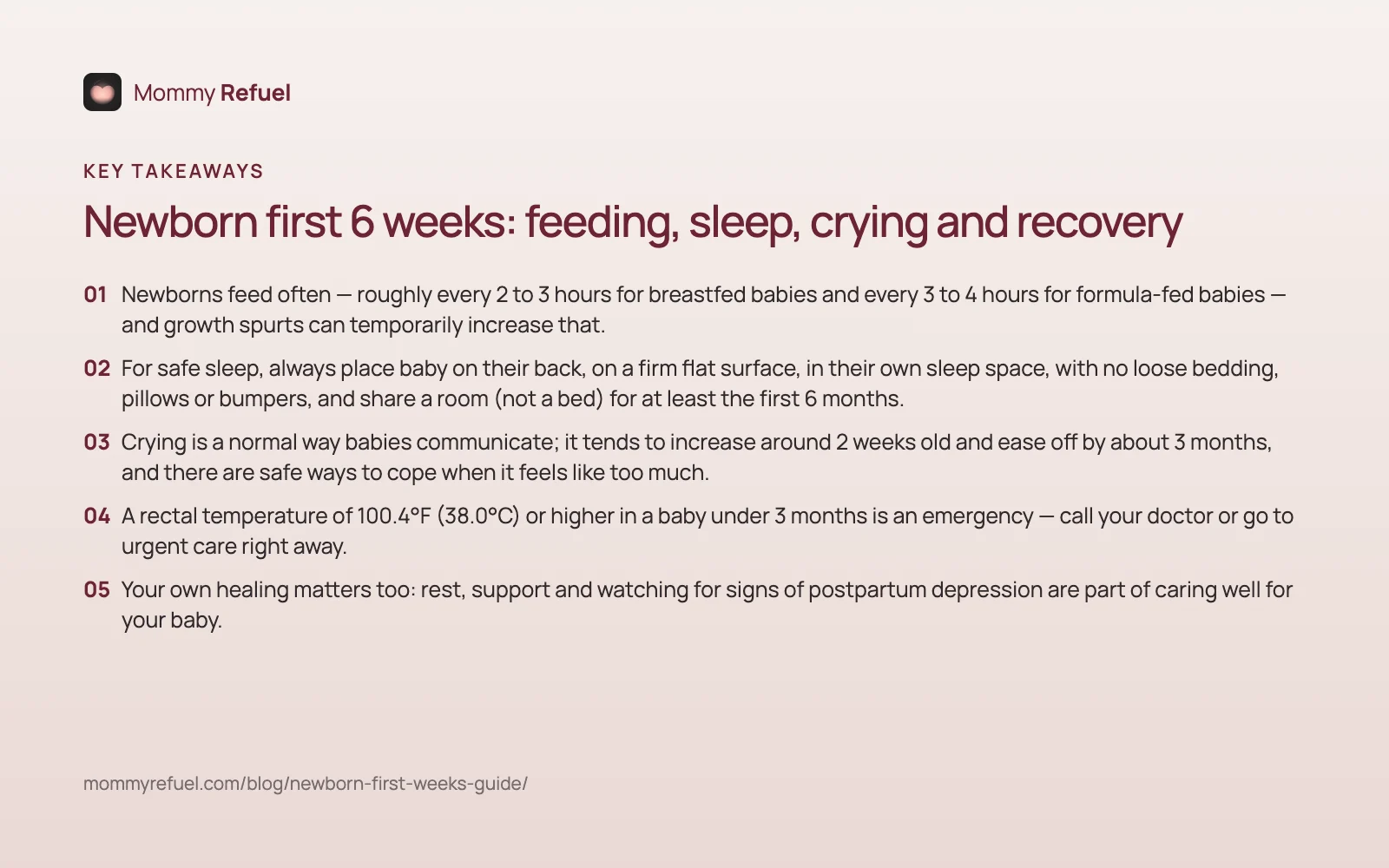 Key takeaways: Newborn first 6 weeks: feeding, sleep, crying and recovery Key takeaways from “Newborn first 6 weeks: feeding, sleep, crying and recovery” — summary card