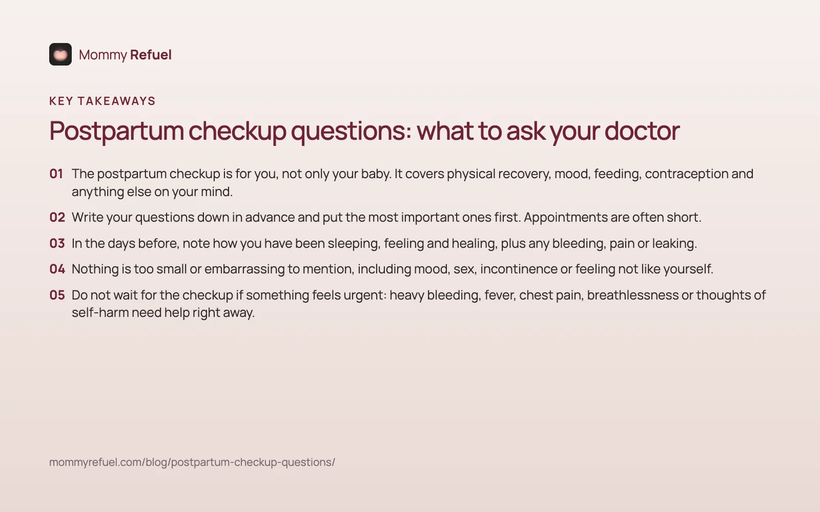 Key takeaways from “Postpartum checkup questions: what to ask your doctor” — summary card