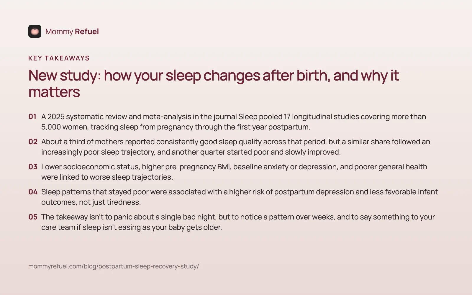Key takeaways from “New study: how your sleep changes after birth, and why it matters” — summary card