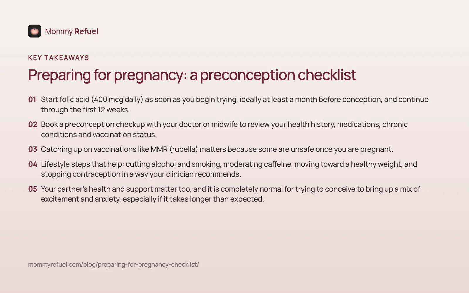 Key takeaways from “Preparing for pregnancy: a preconception checklist” — summary card