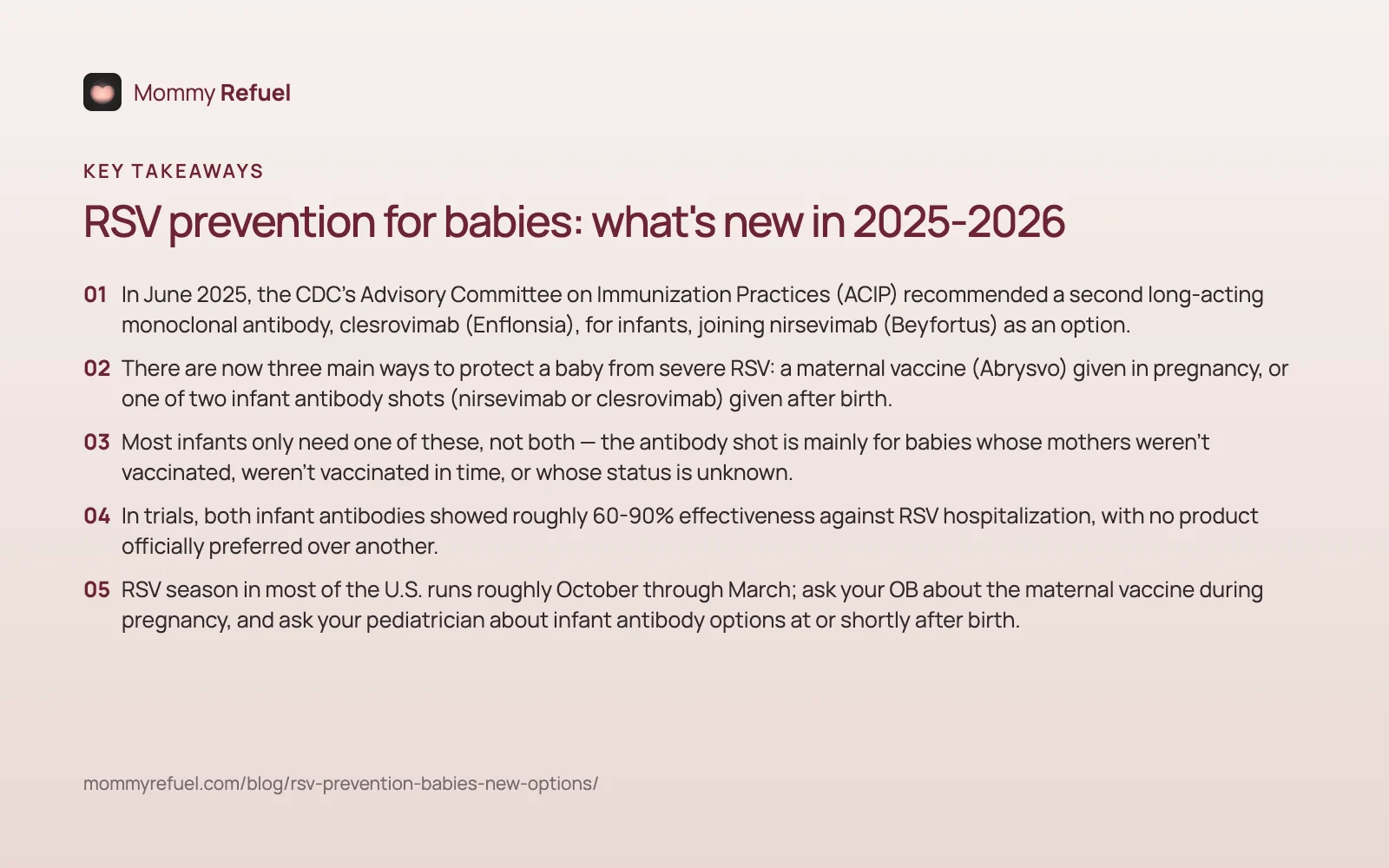 Key takeaways: RSV prevention for babies: what's new in 2025-2026 Key takeaways from “RSV prevention for babies: what's new in 2025-2026” — summary card