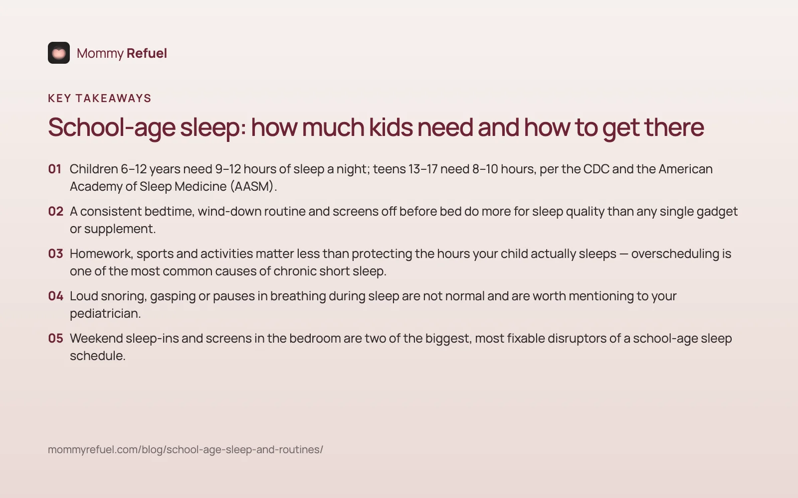 Key takeaways from “School-age sleep: how much kids need and how to get there” — summary card