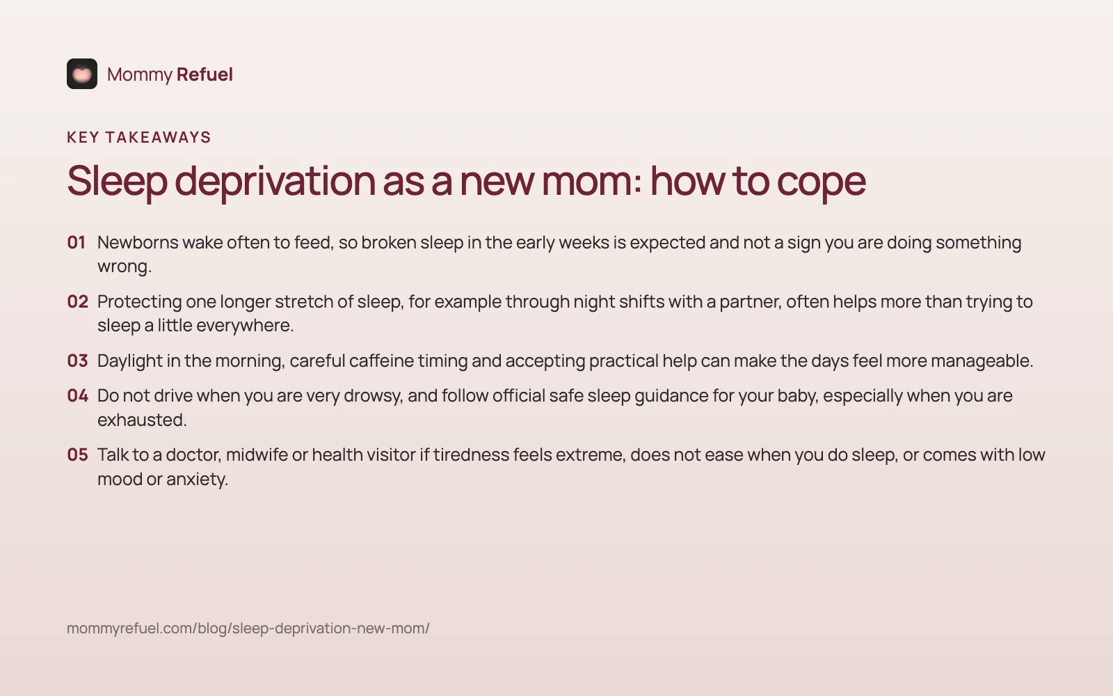 Key takeaways: Sleep deprivation as a new mom: how to cope Key takeaways from “Sleep deprivation as a new mom: how to cope” — summary card