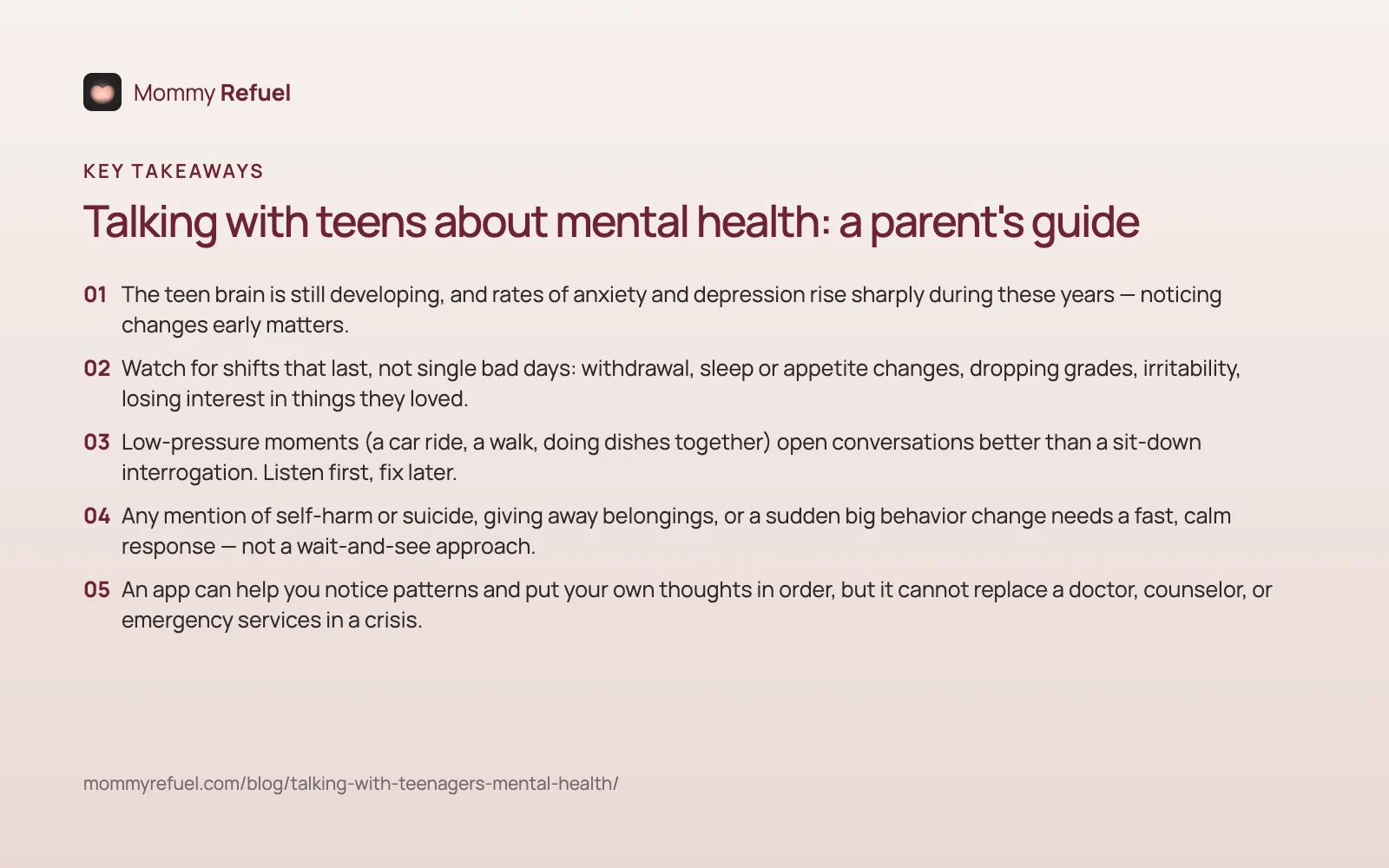 Key takeaways from “Talking with teens about mental health: a parent's guide” — summary card