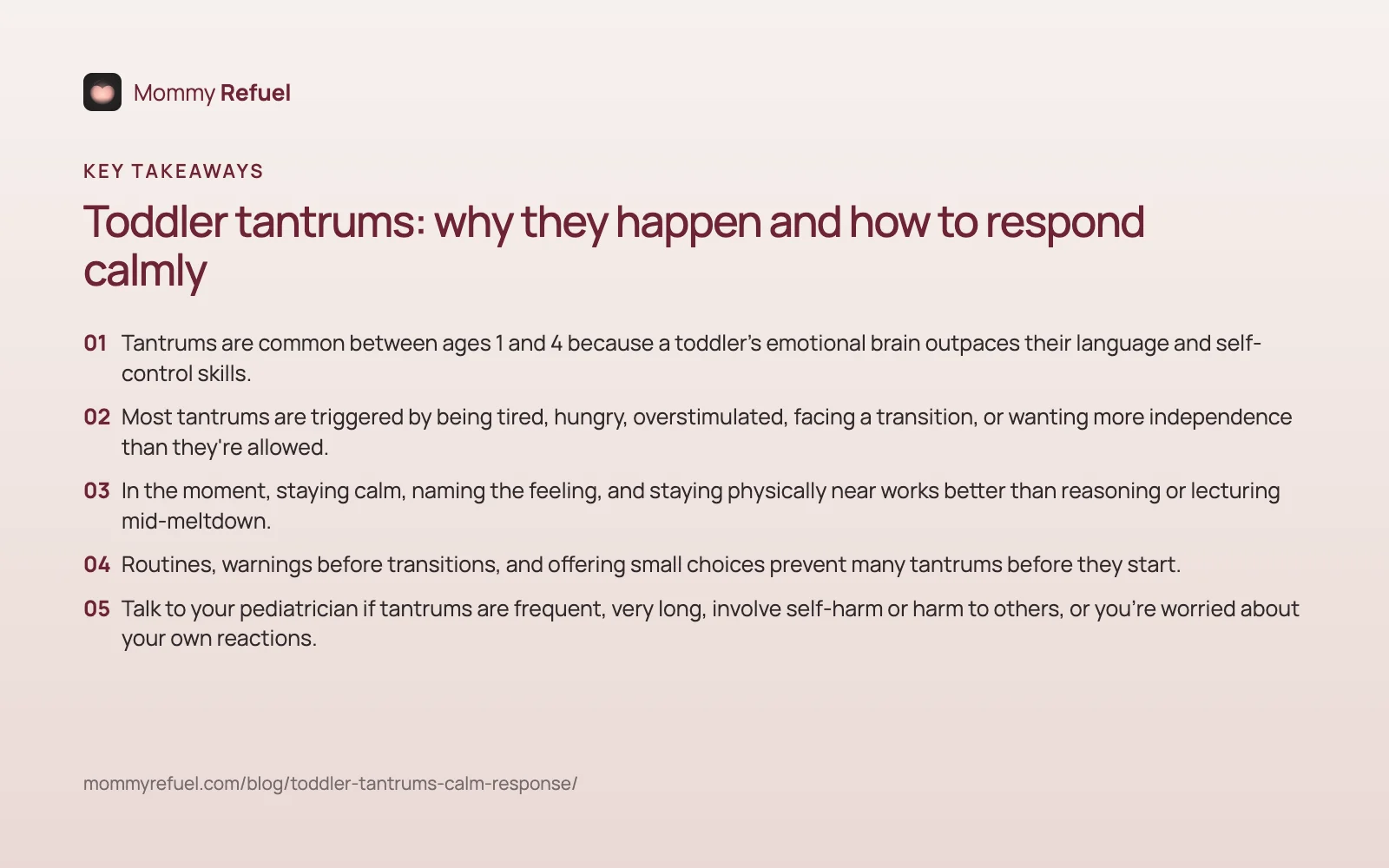 Key takeaways from “Toddler tantrums: why they happen and how to respond calmly” — summary card