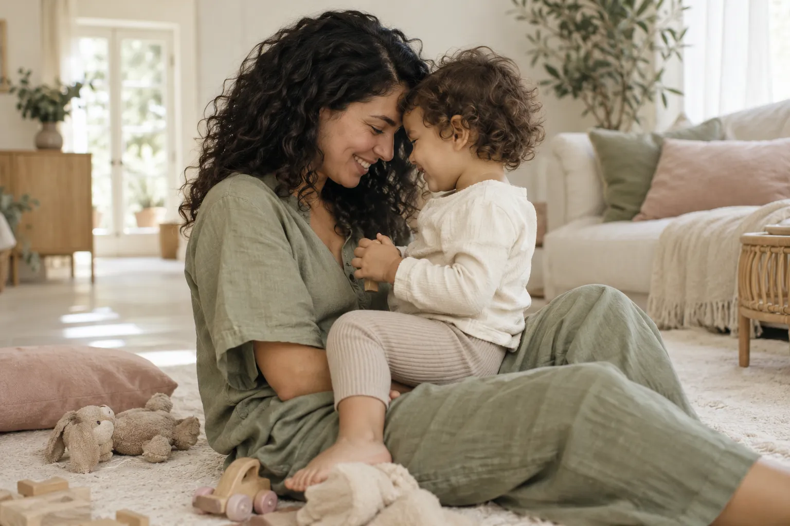 A mother and toddler sitting on the floor, forehead to forehead
