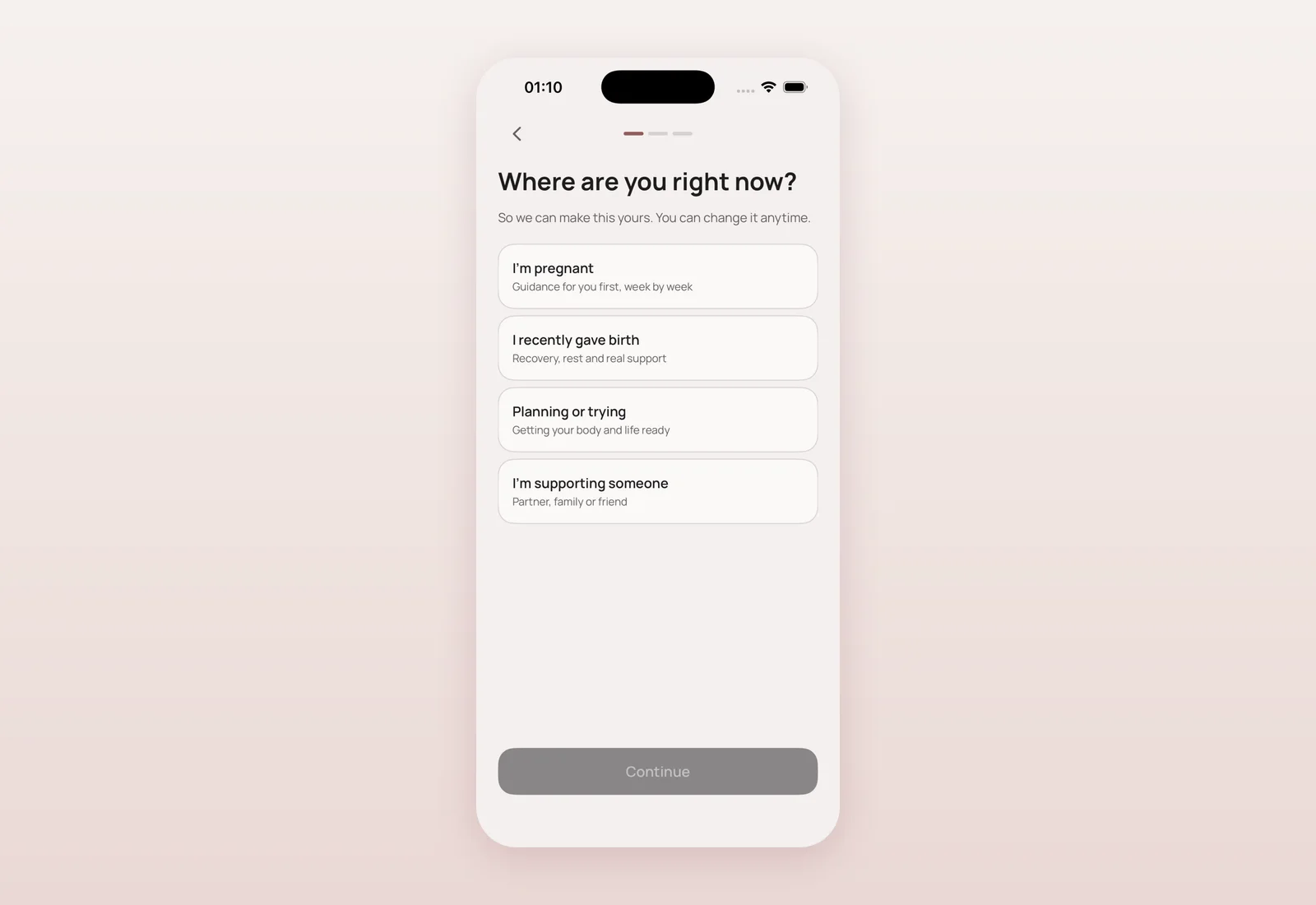 Early onboarding screen asking “Where are you right now?” with options for pregnant, postpartum, planning, or supporting someone.