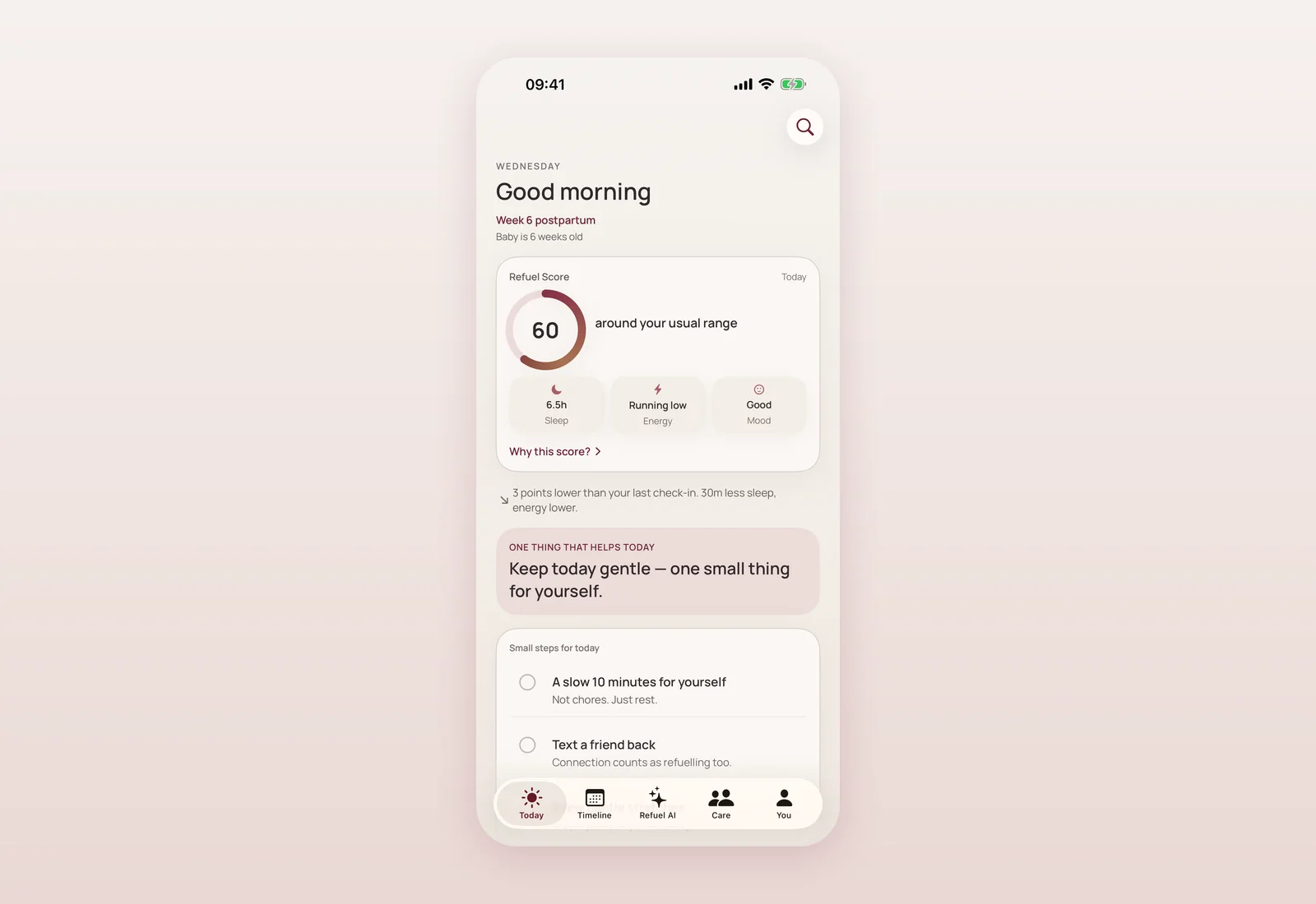 Mommy Refuel Today screen in the current app, for an established user, showing the Refuel Score and one gentle suggestion.