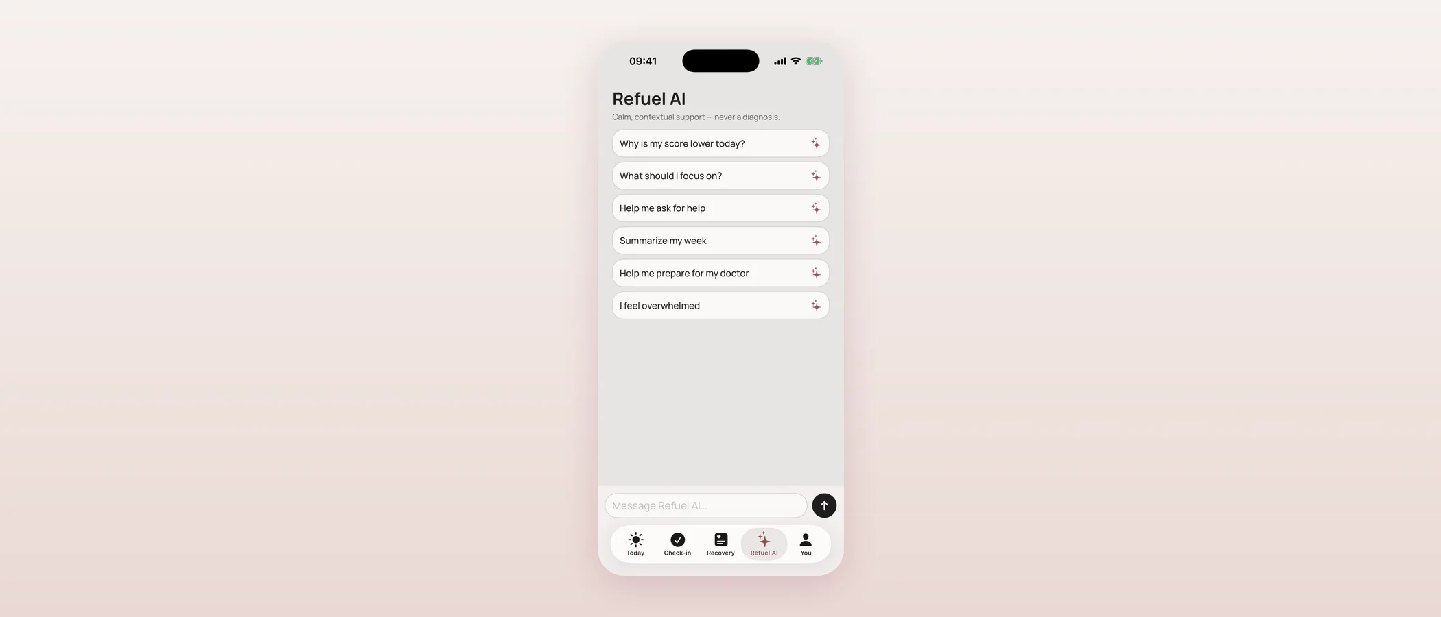 Refuel AI screen with suggested prompts like “Why is my score lower today?” and “Help me ask for help.”