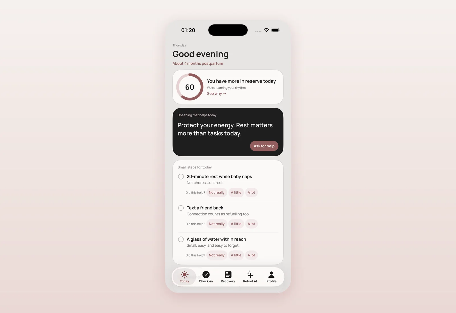 Ранній екран «Сьогодні» з написом «Доброго вечора, приблизно 4 місяці після пологів», балом 60 і однією пропонованою маленькою дією.