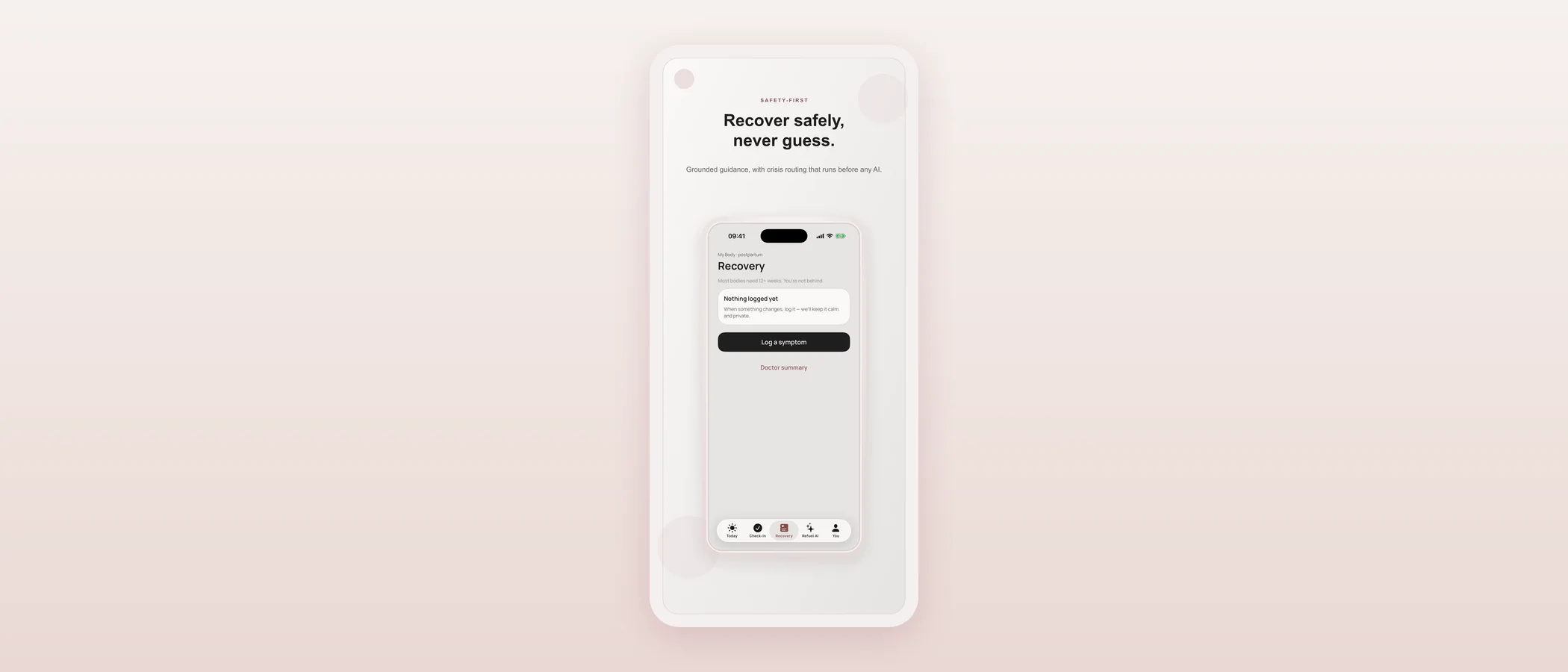 App Store marketing screenshot with the headline “Recover safely, never guess” over the empty Recovery screen.