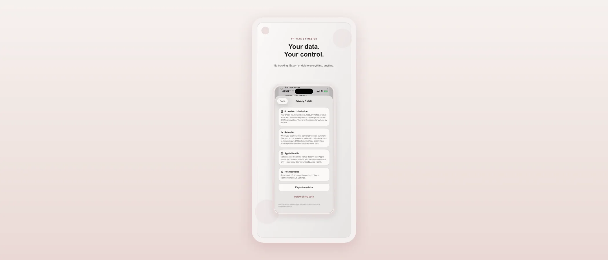 App Store marketing screenshot with the headline “Your data. Your control.” over the Privacy & data screen.