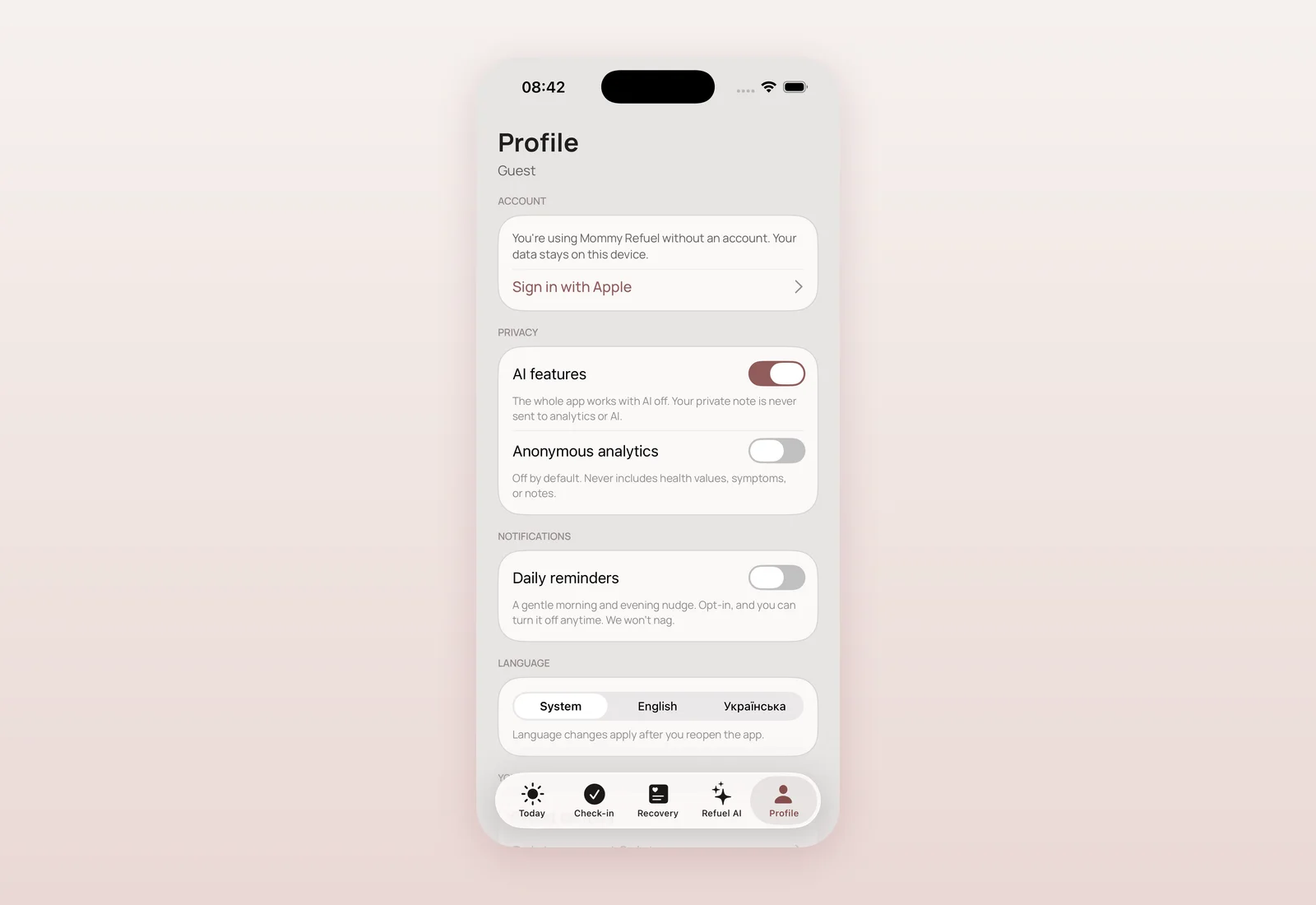 Profile screen with privacy toggles. Profile screen showing Guest account status, a Sign in with Apple row, AI features and Anonymous analytics toggles, and daily reminders.
