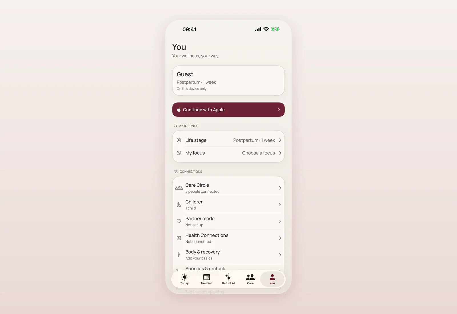 You screen, current app Mommy Refuel You screen in the current app, with life stage, Care Circle and account rows.