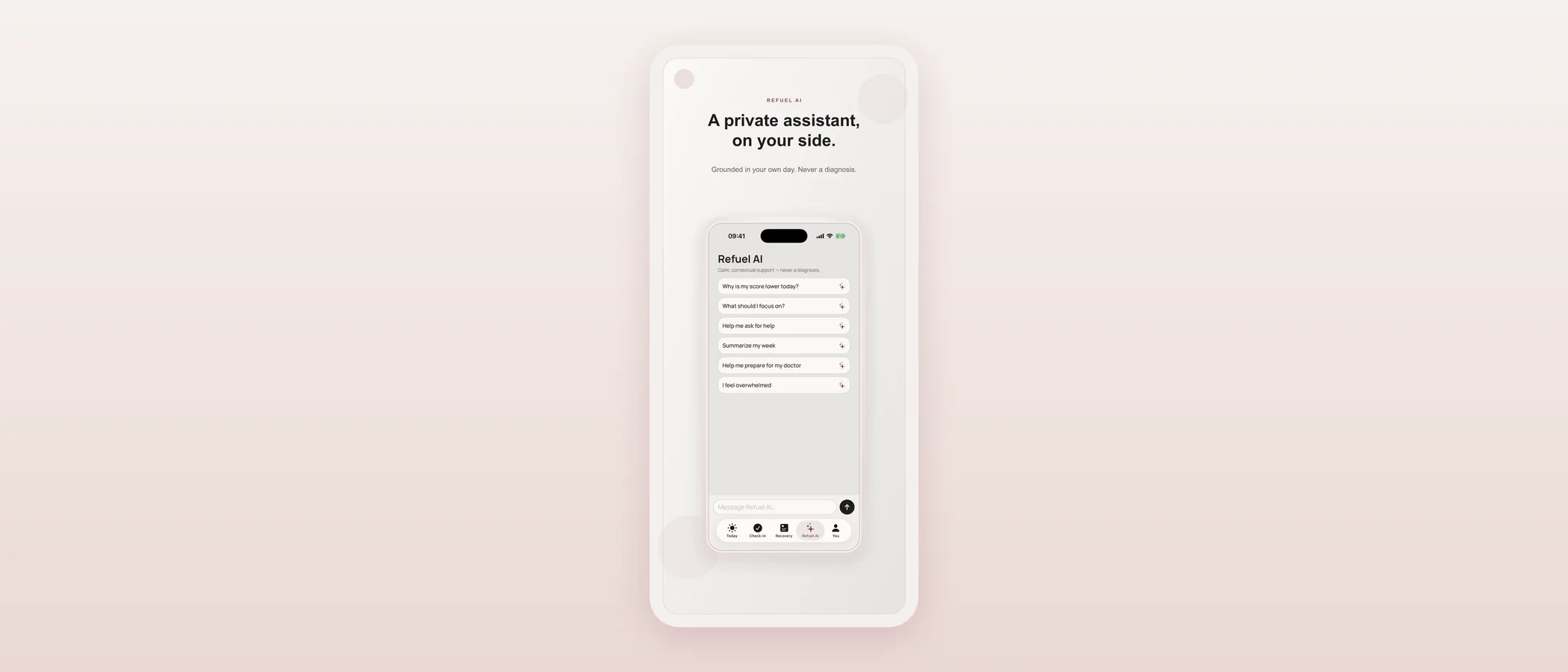 App Store marketing screenshot with the headline “A private assistant, on your side” over the Refuel AI screen.