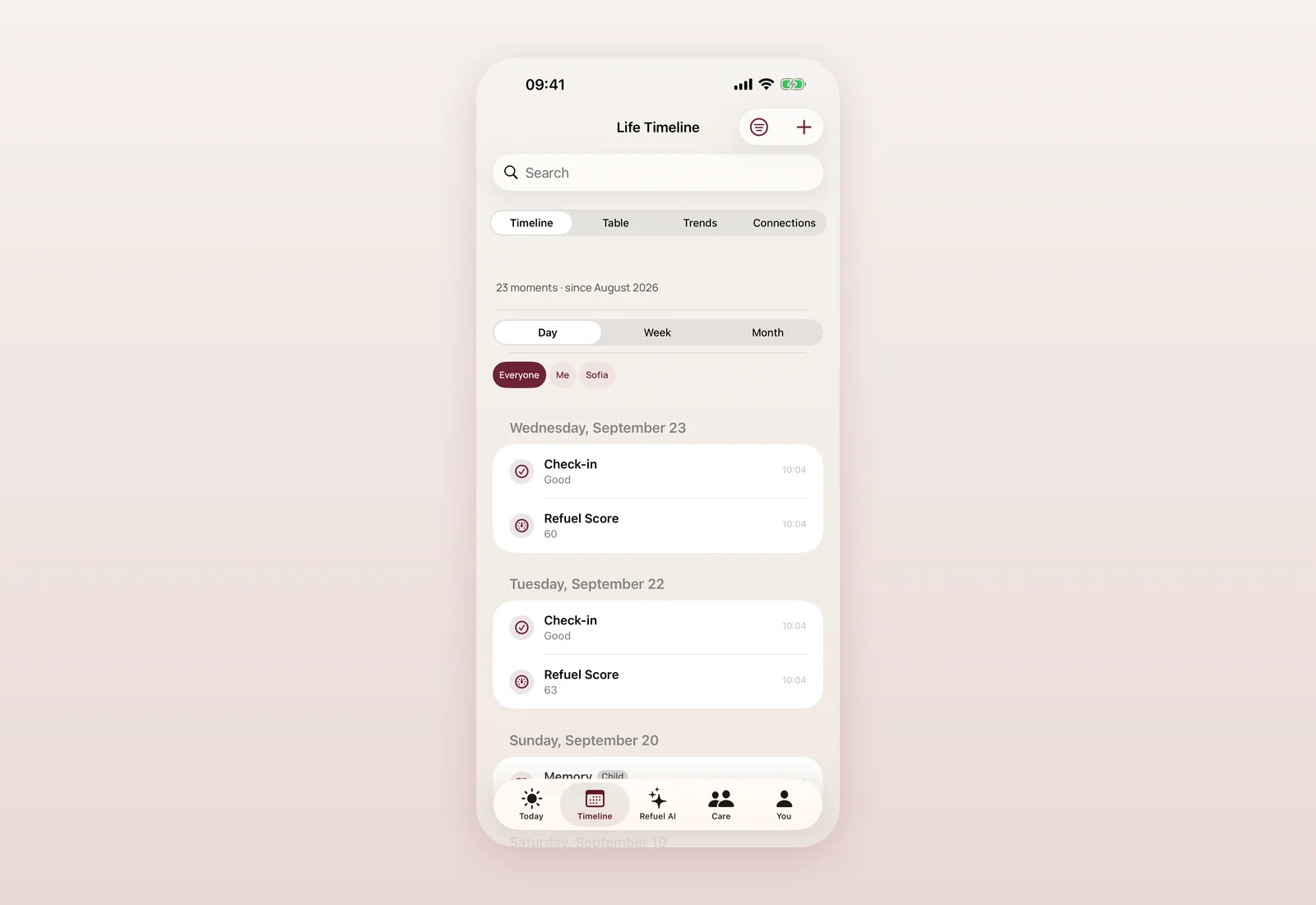 Mommy Refuel Life Timeline screen in the current app, listing check-ins and Refuel Scores grouped by date.