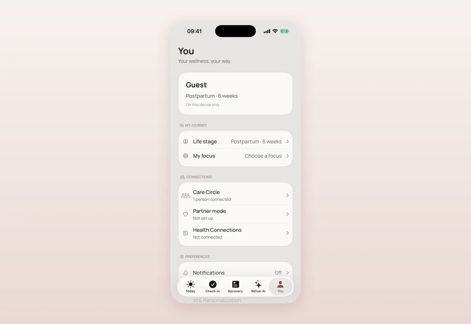 The You tab showing Guest status, Life stage, My focus, Care Circle, Partner mode and Health Connections rows.