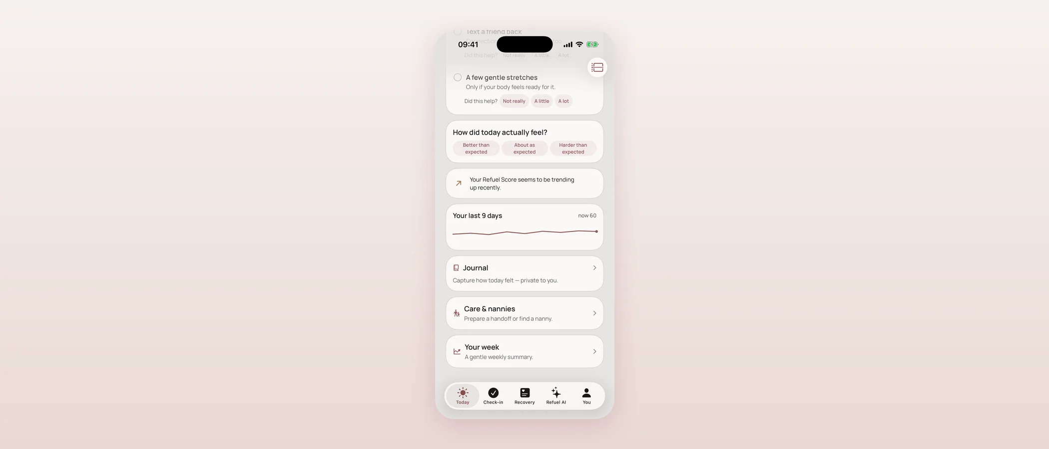 Today screen scrolled down showing gentle stretches, a mood check prompt, a 9-day Refuel Score trend chart, and Journal, Care & nannies, and Your week cards.