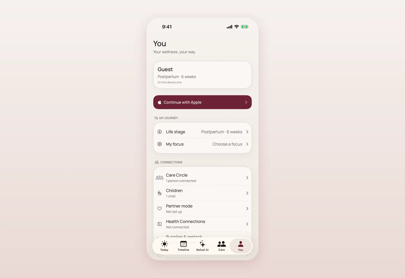 Current You tab showing Guest status, a Continue with Apple button, Life stage, Care Circle, Children and Partner mode rows.