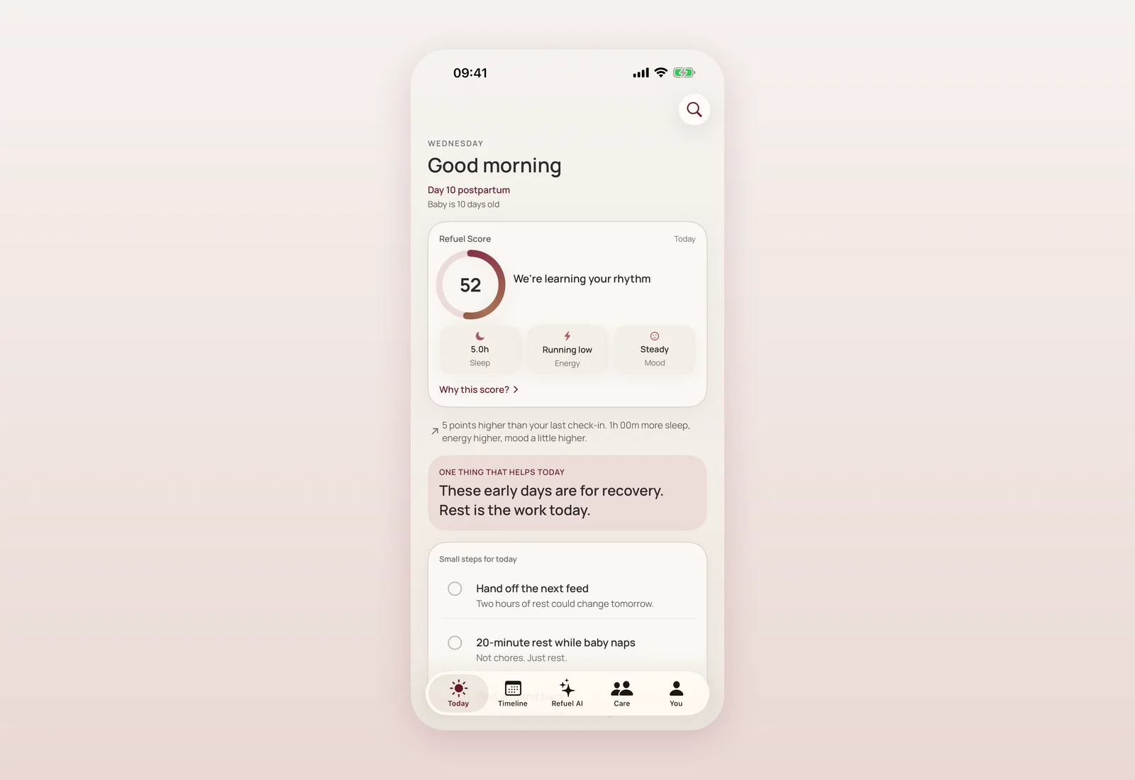 Mommy Refuel Today screen in the current app, in the first weeks postpartum, showing the Refuel Score and one gentle suggestion.