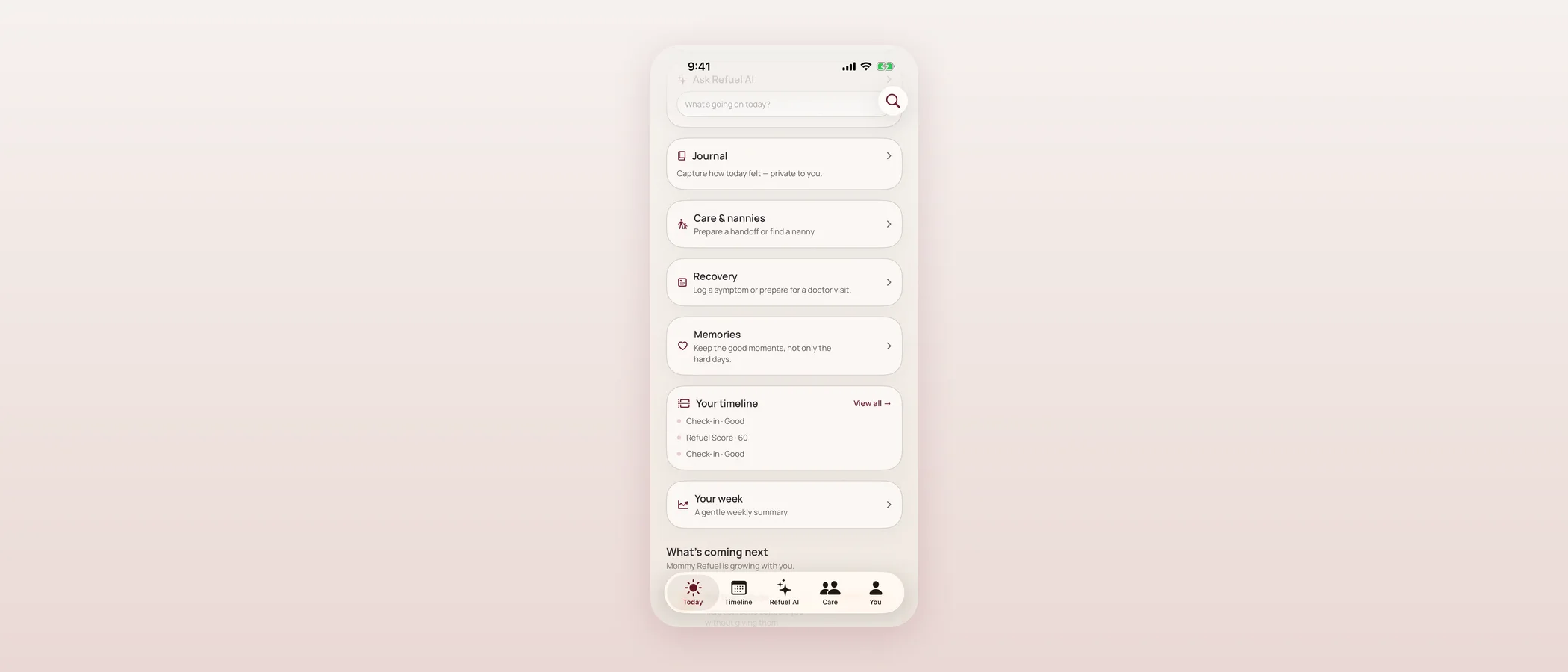 Current Today screen scrolled to show Journal, Care & nannies, Recovery, Memories, Your timeline and Your week cards.