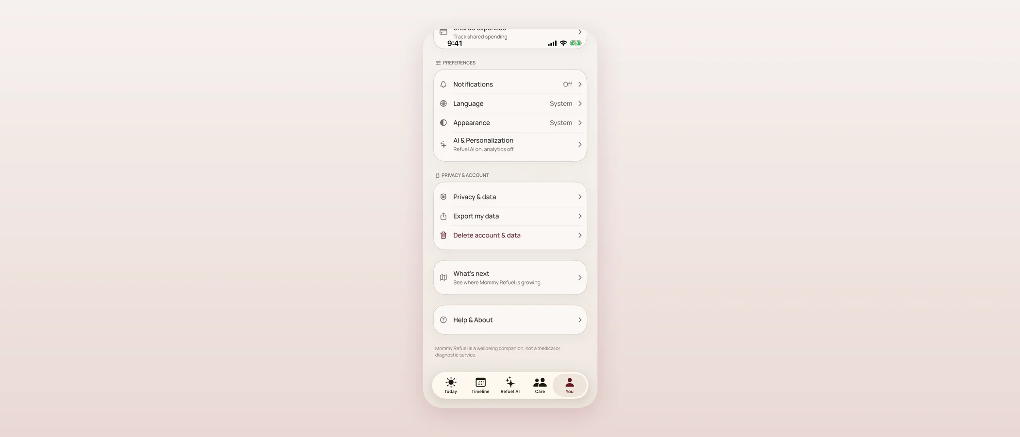 Settings screen showing Privacy & data, Export my data, and Delete account & data rows under a Privacy & Account section.