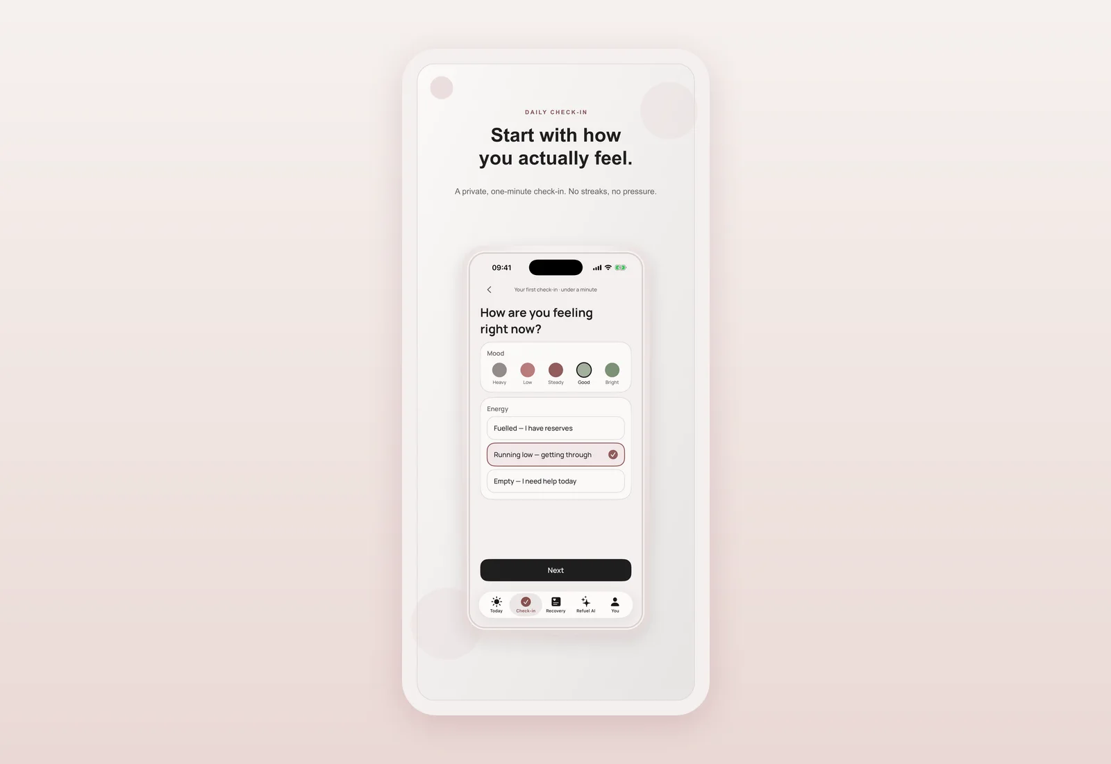 Маркетинговий скриншот App Store із заголовком «Почніть із того, як ви насправді почуваєтеся» на тлі екрана щоденного чек-іну.