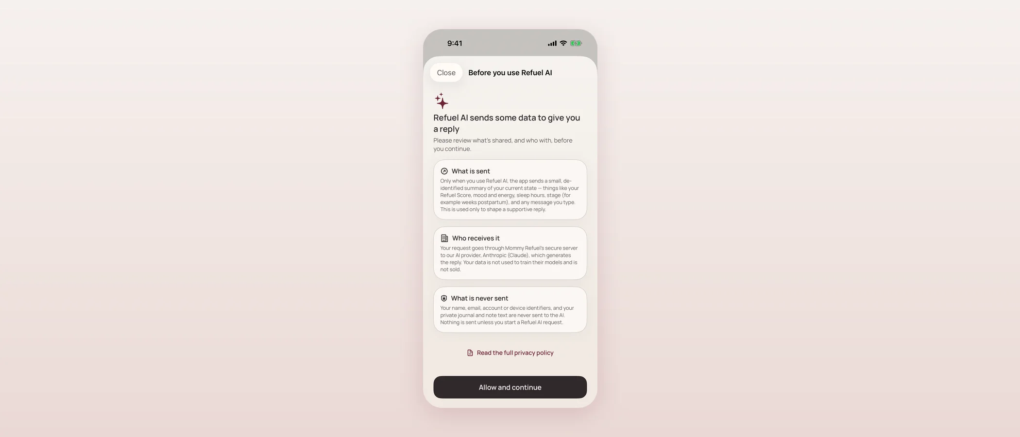 Before you use Refuel AI consent screen explaining what is sent, who receives it (Anthropic's Claude), and what is never sent, with an Allow and continue button.