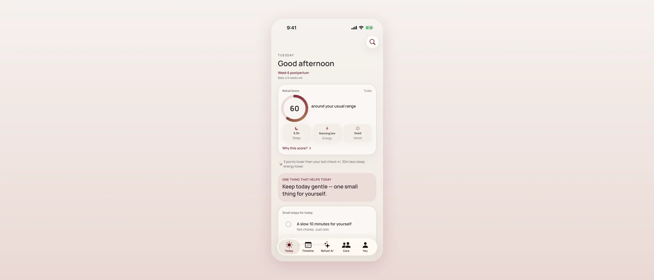 Current Today screen showing a Refuel Score of 60, sleep, energy and mood tiles, and a one-line note on what helps today.