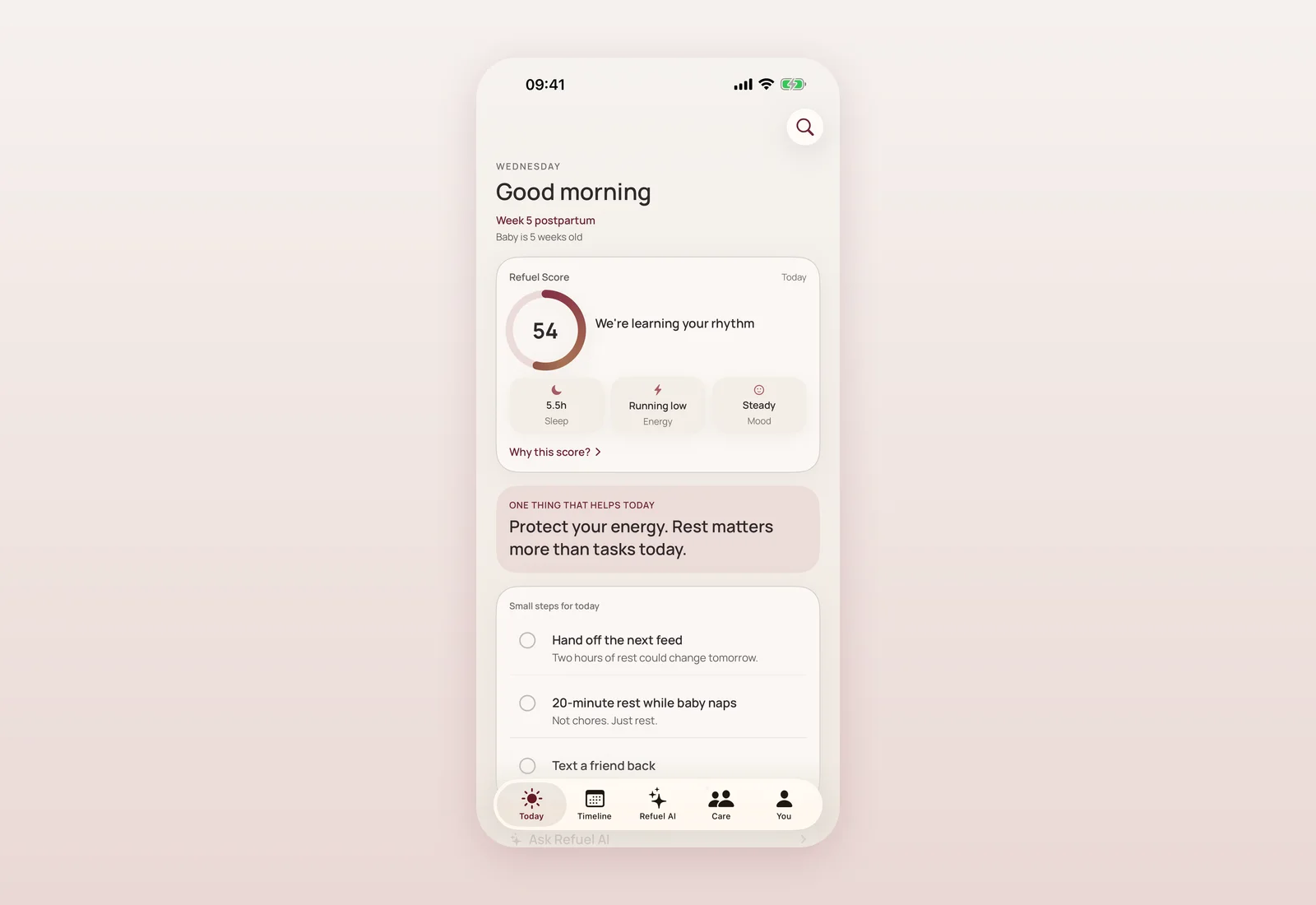 Today screen, current app Mommy Refuel Today screen in the current app, with a calm, safety-first recovery focus, showing the Refuel Score and one gentle suggestion.