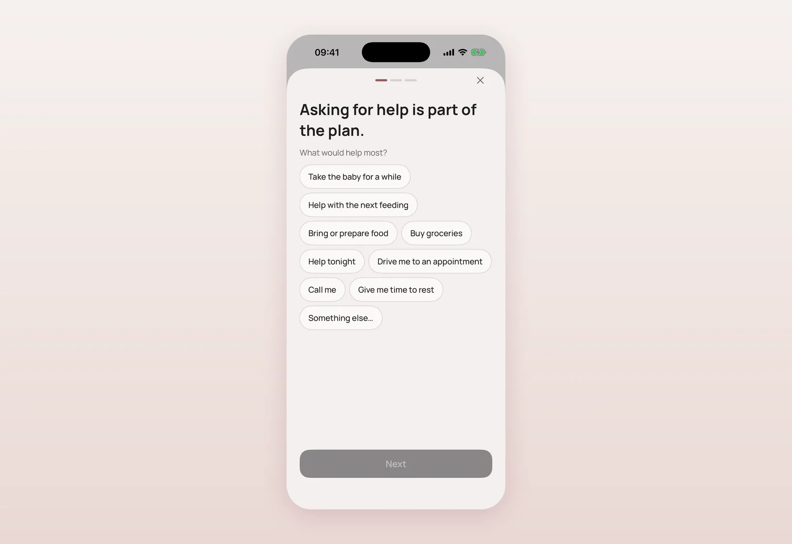 Asking for help screen. Asking for help screen with chip options like Take the baby for a while, Help with the next feeding, Bring or prepare food, and Give me time to rest.