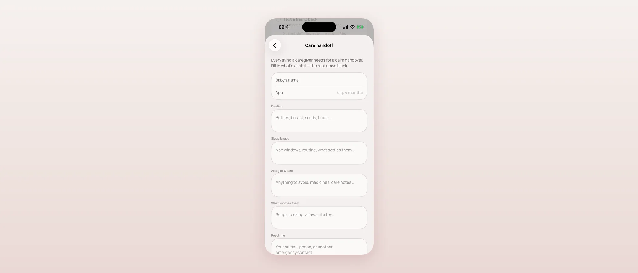 Care handoff form with fields for baby's name, age, feeding, sleep and naps, allergies and care, what soothes them, and reach-me contact.