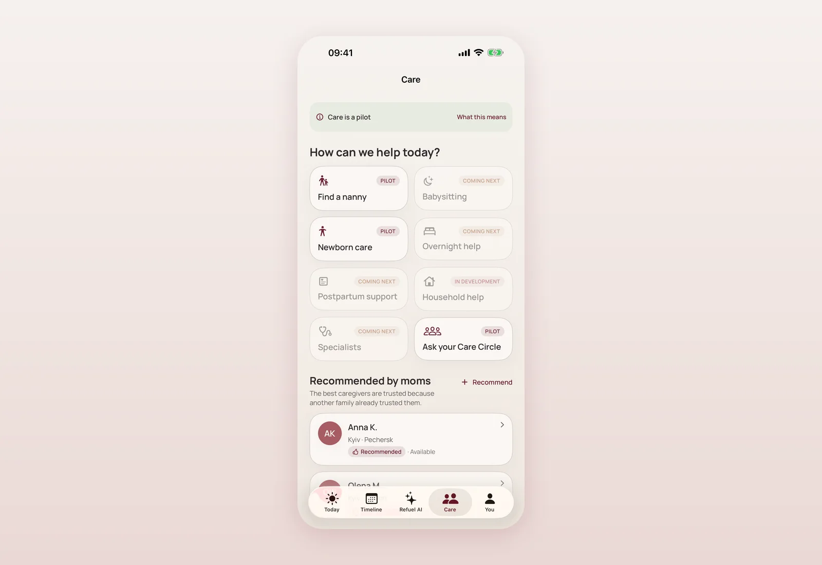 Care screen, current app Mommy Refuel Care screen in the current app, with nanny, newborn care and Care Circle options.