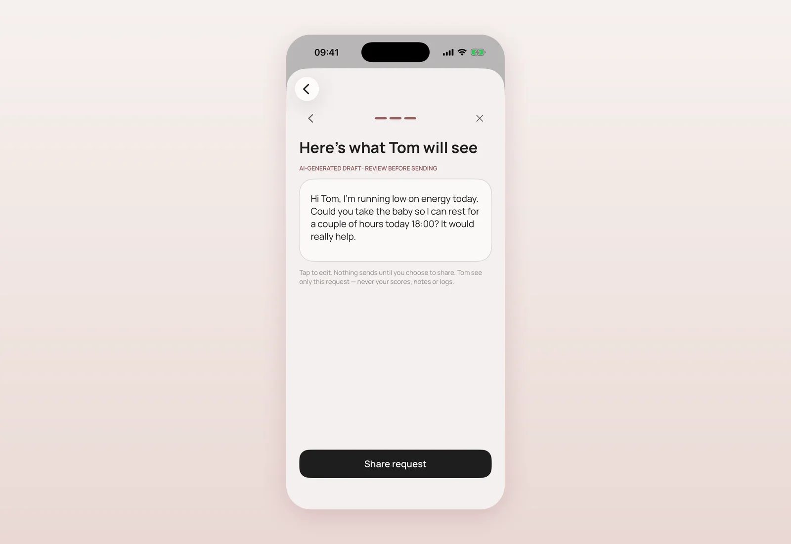 Help request preview screen. Here's what Tom will see screen showing an AI-drafted, editable help request, with the note that Tom never sees scores, notes or logs.
