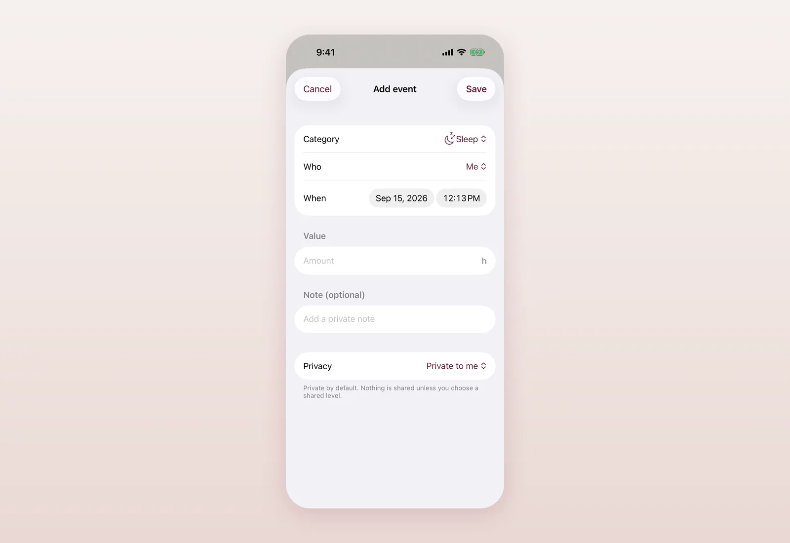 Add event form with a Sleep category, Who and When fields, a value amount in hours, an optional private note, and a Privacy setting.