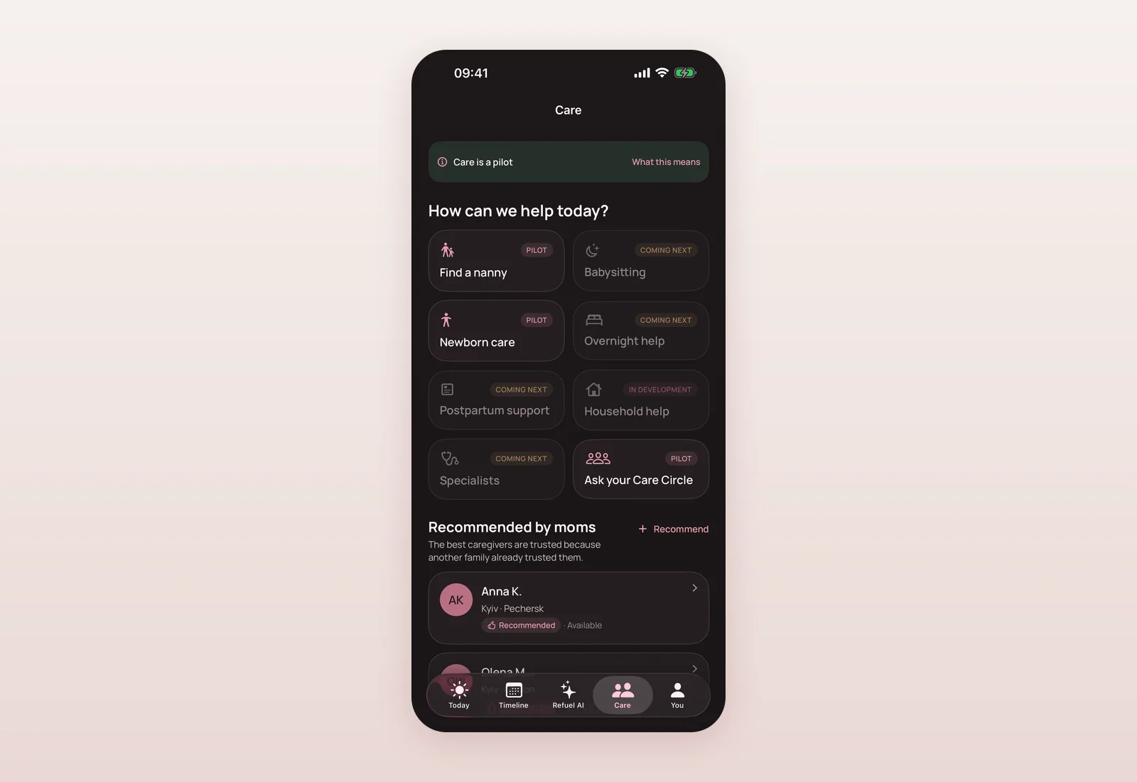 Mommy Refuel Care screen in the current app in dark mode, with nanny, newborn care and Care Circle options.
