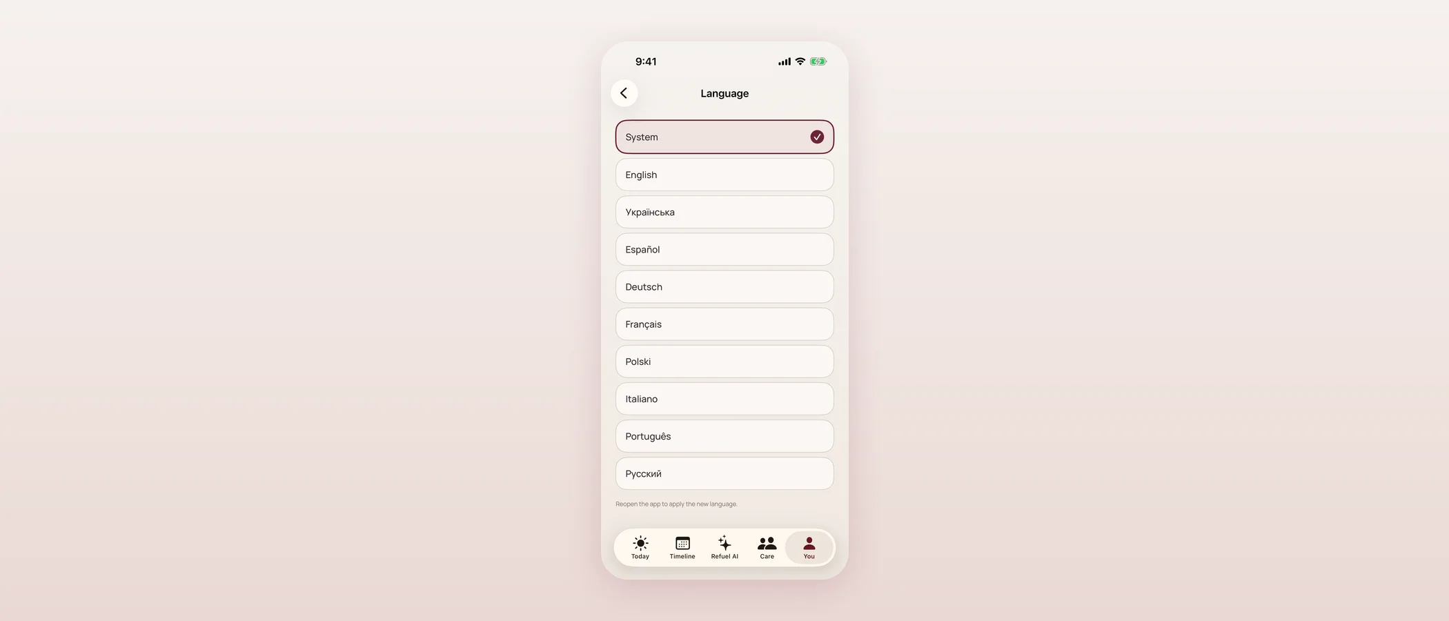 Language picker screen listing System, English, Ukrainian, Spanish, German, French, Polish, Italian, Portuguese and Russian.