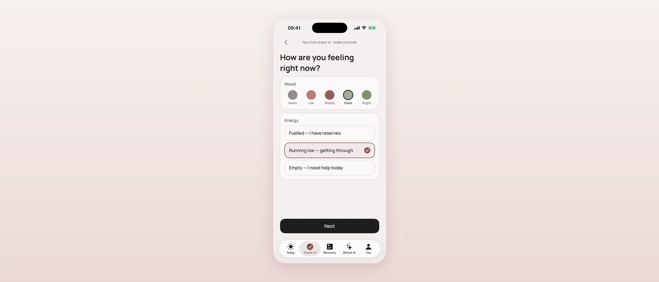 Check-in screen with Mood options from Heavy to Bright and Energy options from Fuelled to Empty, all in English.