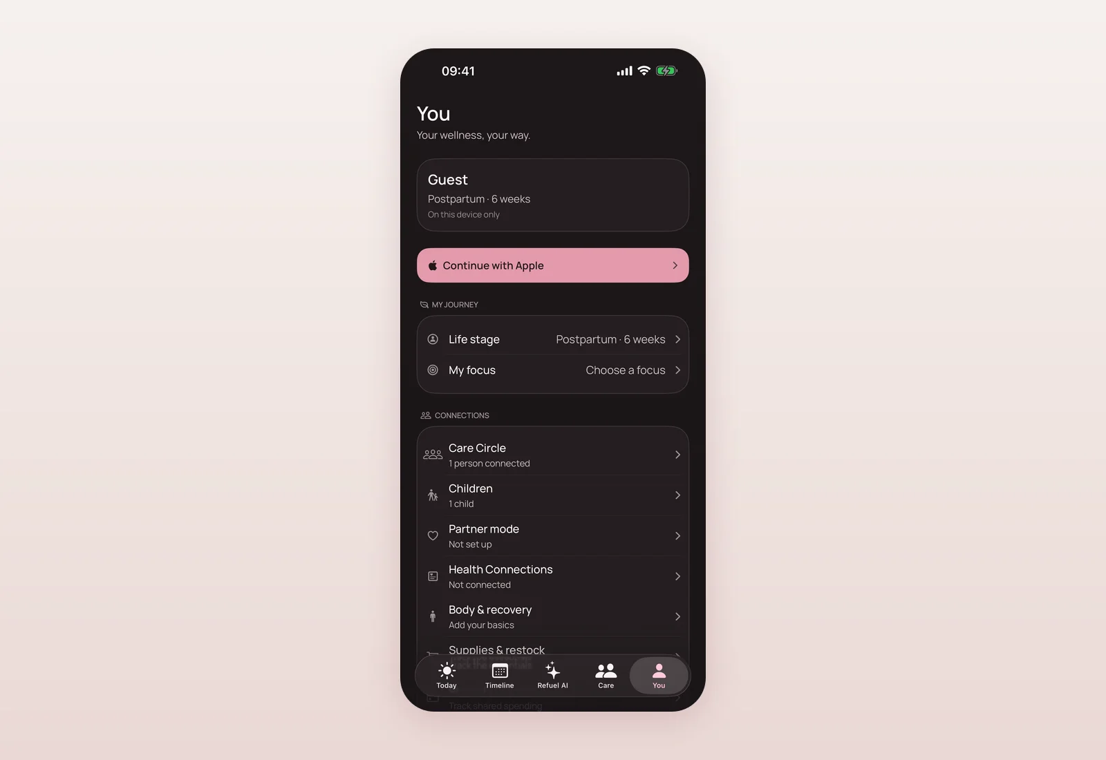 Mommy Refuel You screen in the current app in dark mode, with life stage, Care Circle and account rows.