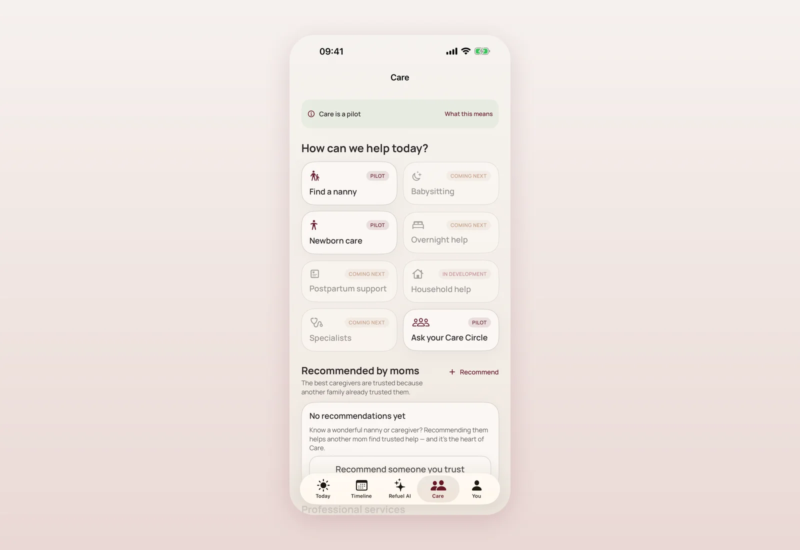 Mommy Refuel Care screen in the current app, with nanny, newborn care and Care Circle options.