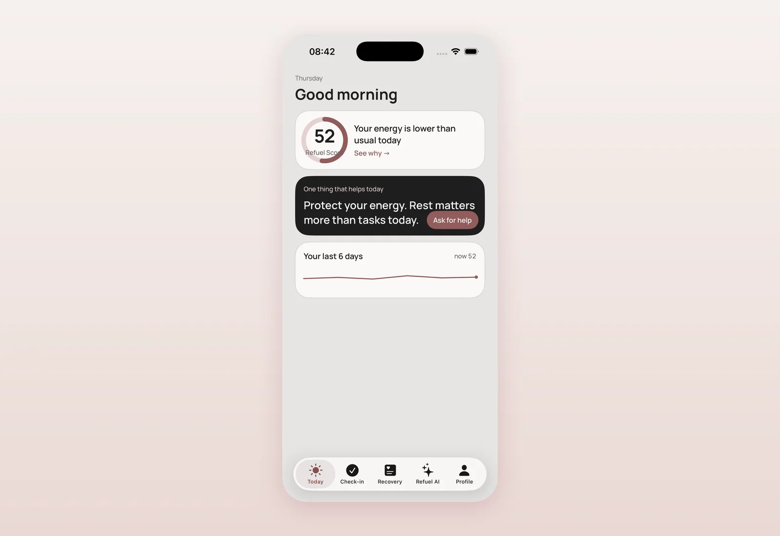 Today screen reading “Good morning, your energy is lower than usual today” with a Refuel Score of 52 and a 6-day trend chart.