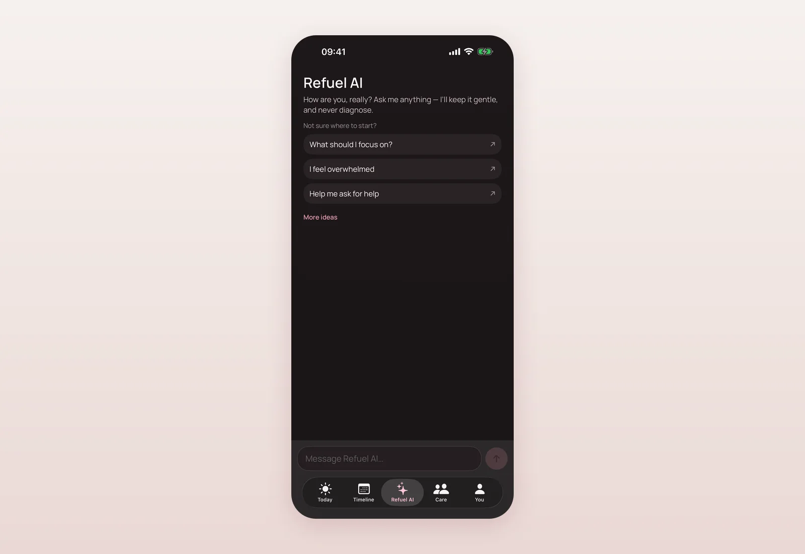 Mommy Refuel Refuel AI screen in the current app in dark mode, with gentle suggested prompts and a message field.