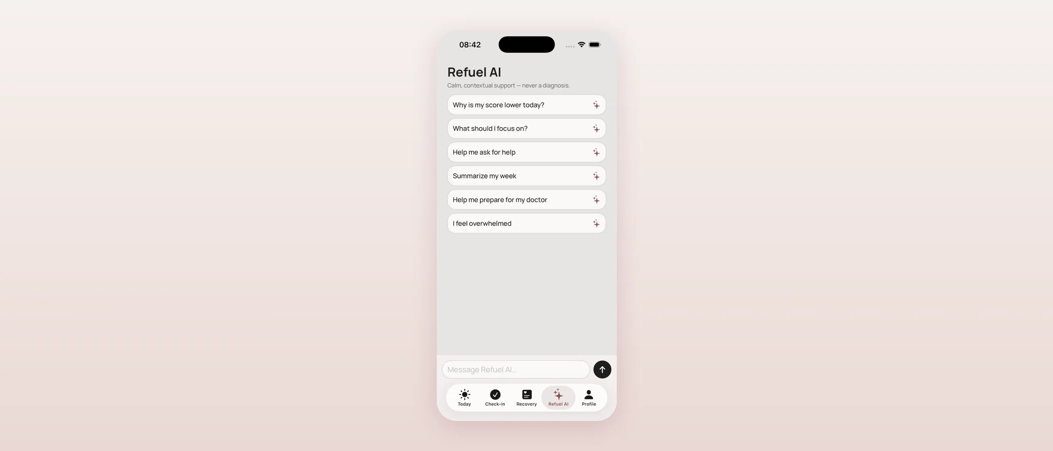 Refuel AI screen with suggested prompts like “Why is my score lower today?” and “Help me prepare for my doctor.”